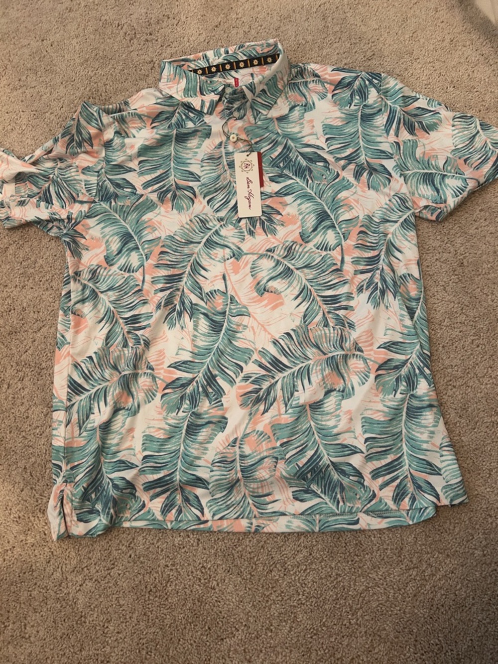 Men’s Tropical Palm-Print Polo - Teal & Coral on White Ben Hogan XL